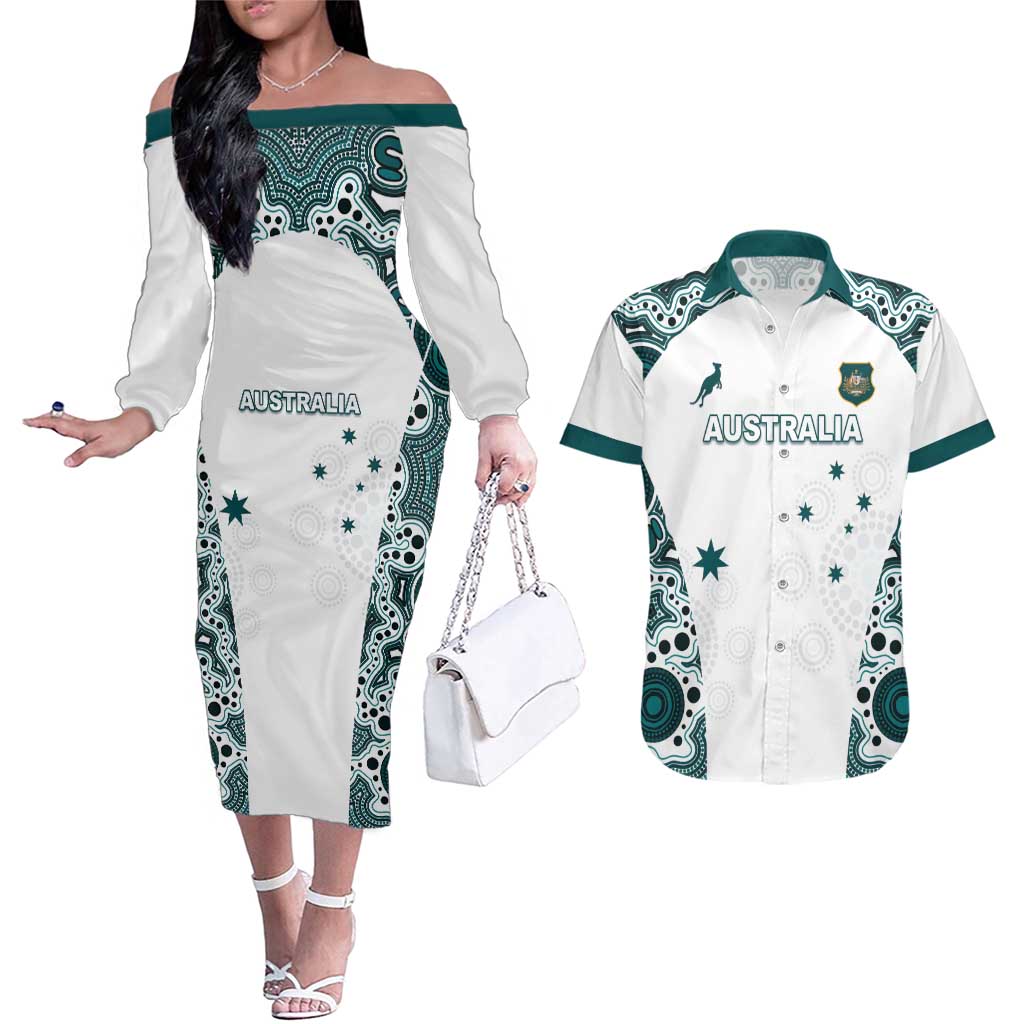 Custom Australia Rugby 2026 Couples Matching Off The Shoulder Long Sleeve Dress and Hawaiian Shirt Go Wallabies Aboriginal Pattern White Version - Aussie Hoodie