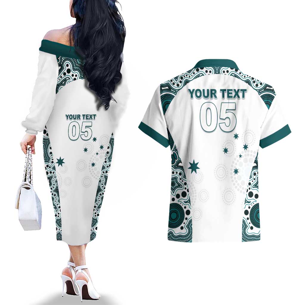 Custom Australia Rugby 2026 Couples Matching Off The Shoulder Long Sleeve Dress and Hawaiian Shirt Go Wallabies Aboriginal Pattern White Version - Aussie Hoodie