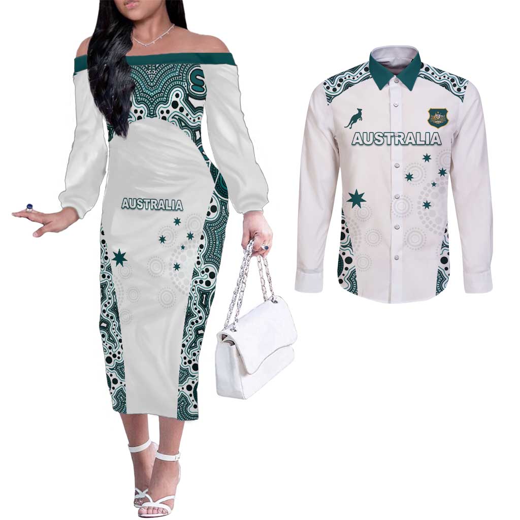 Custom Australia Rugby 2026 Couples Matching Off The Shoulder Long Sleeve Dress and Long Sleeve Button Shirt Go Wallabies Aboriginal Pattern White Version - Aussie Hoodie