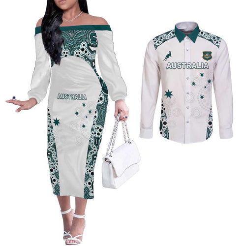 Custom Australia Rugby 2026 Couples Matching Off The Shoulder Long Sleeve Dress and Long Sleeve Button Shirt Go Wallabies Aboriginal Pattern White Version - Aussie Hoodie