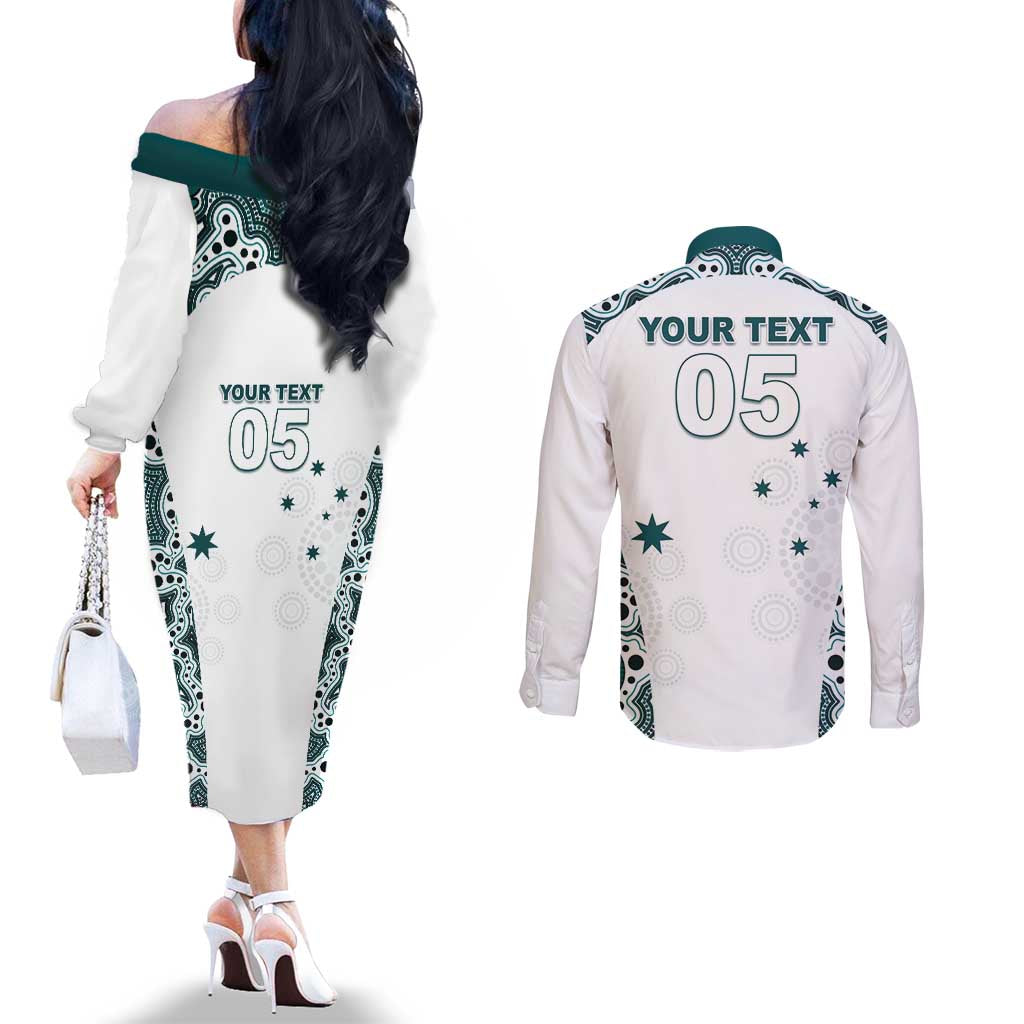 Custom Australia Rugby 2026 Couples Matching Off The Shoulder Long Sleeve Dress and Long Sleeve Button Shirt Go Wallabies Aboriginal Pattern White Version - Aussie Hoodie
