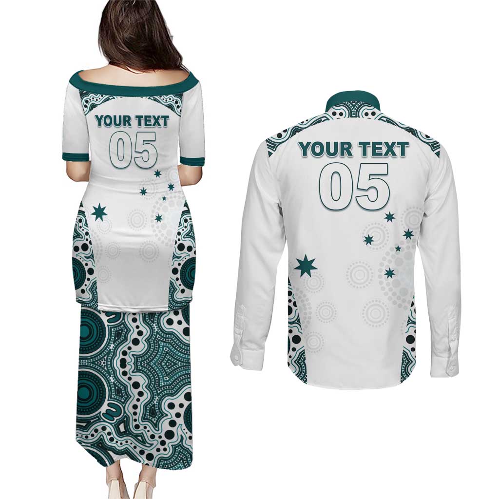 Custom Australia Rugby 2026 Couples Matching Puletasi and Long Sleeve Button Shirt Go Wallabies Aboriginal Pattern White Version - Aussie Hoodie