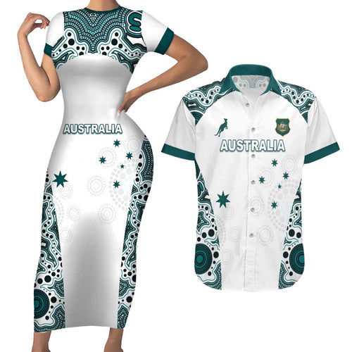 Custom Australia Rugby 2026 Couples Matching Short Sleeve Bodycon Dress and Hawaiian Shirt Go Wallabies Aboriginal Pattern White Version - Aussie Hoodie