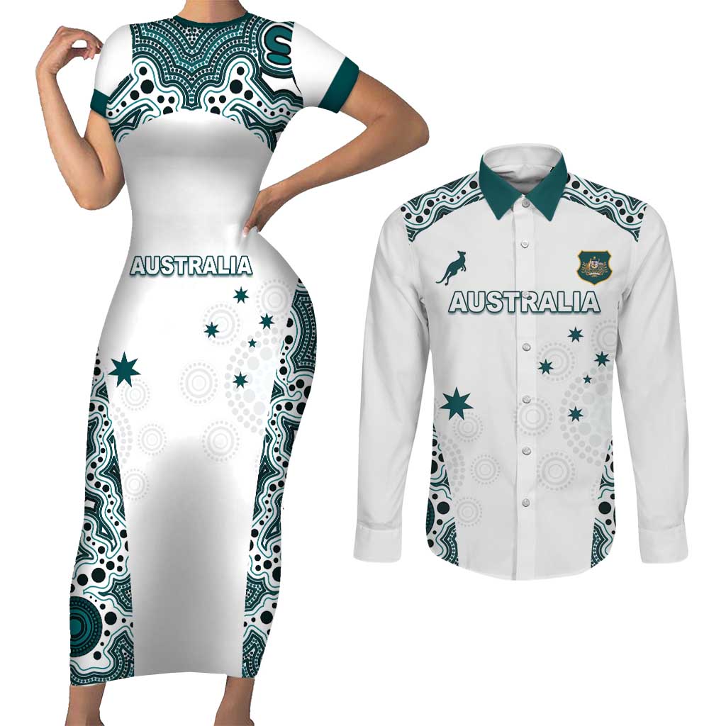 Custom Australia Rugby 2026 Couples Matching Short Sleeve Bodycon Dress and Long Sleeve Button Shirt Go Wallabies Aboriginal Pattern White Version - Aussie Hoodie