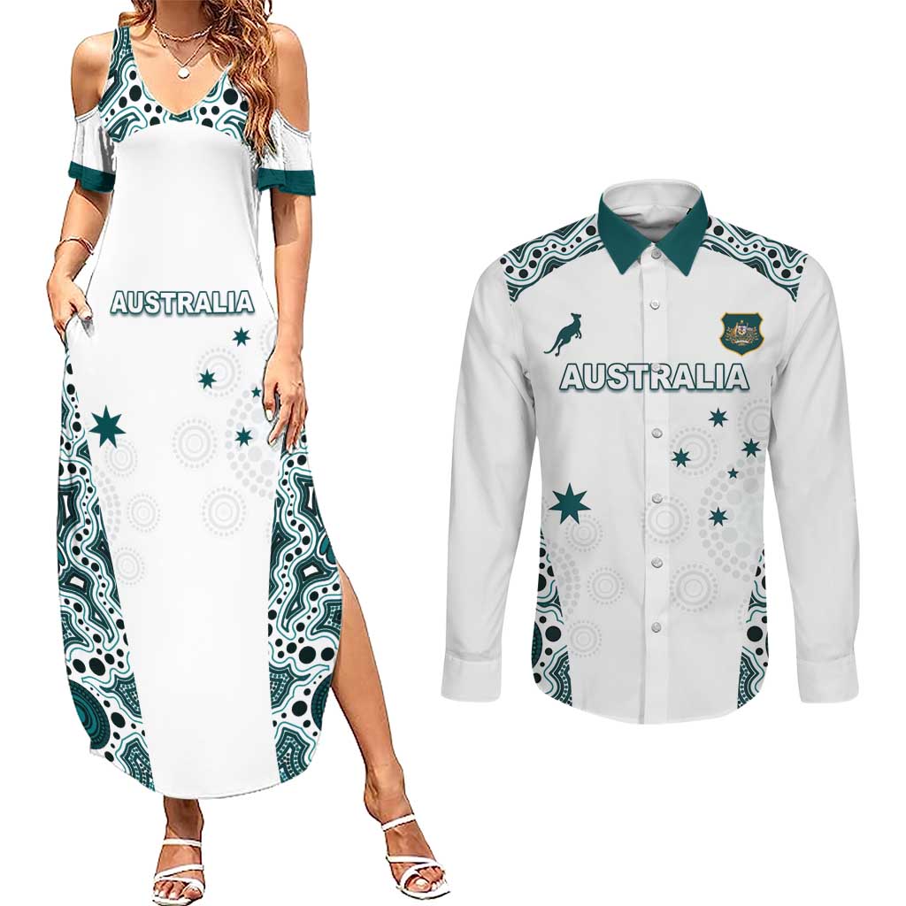 Custom Australia Rugby 2026 Couples Matching Summer Maxi Dress and Long Sleeve Button Shirt Go Wallabies Aboriginal Pattern White Version - Aussie Hoodie