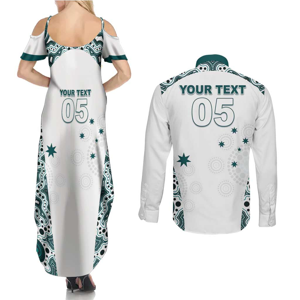 Custom Australia Rugby 2026 Couples Matching Summer Maxi Dress and Long Sleeve Button Shirt Go Wallabies Aboriginal Pattern White Version - Aussie Hoodie