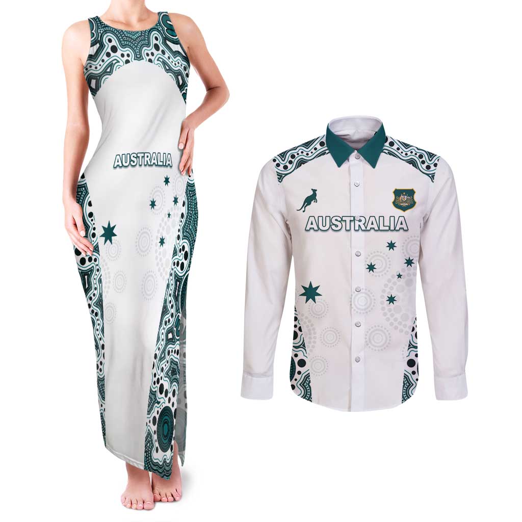 Custom Australia Rugby 2026 Couples Matching Tank Maxi Dress and Long Sleeve Button Shirt Go Wallabies Aboriginal Pattern White Version - Aussie Hoodie