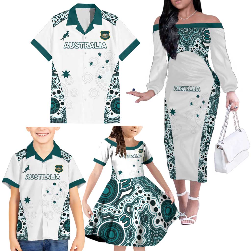 Custom Australia Rugby 2026 Family Matching Off The Shoulder Long Sleeve Dress and Hawaiian Shirt Go Wallabies Aboriginal Pattern White Version - Aussie Hoodie