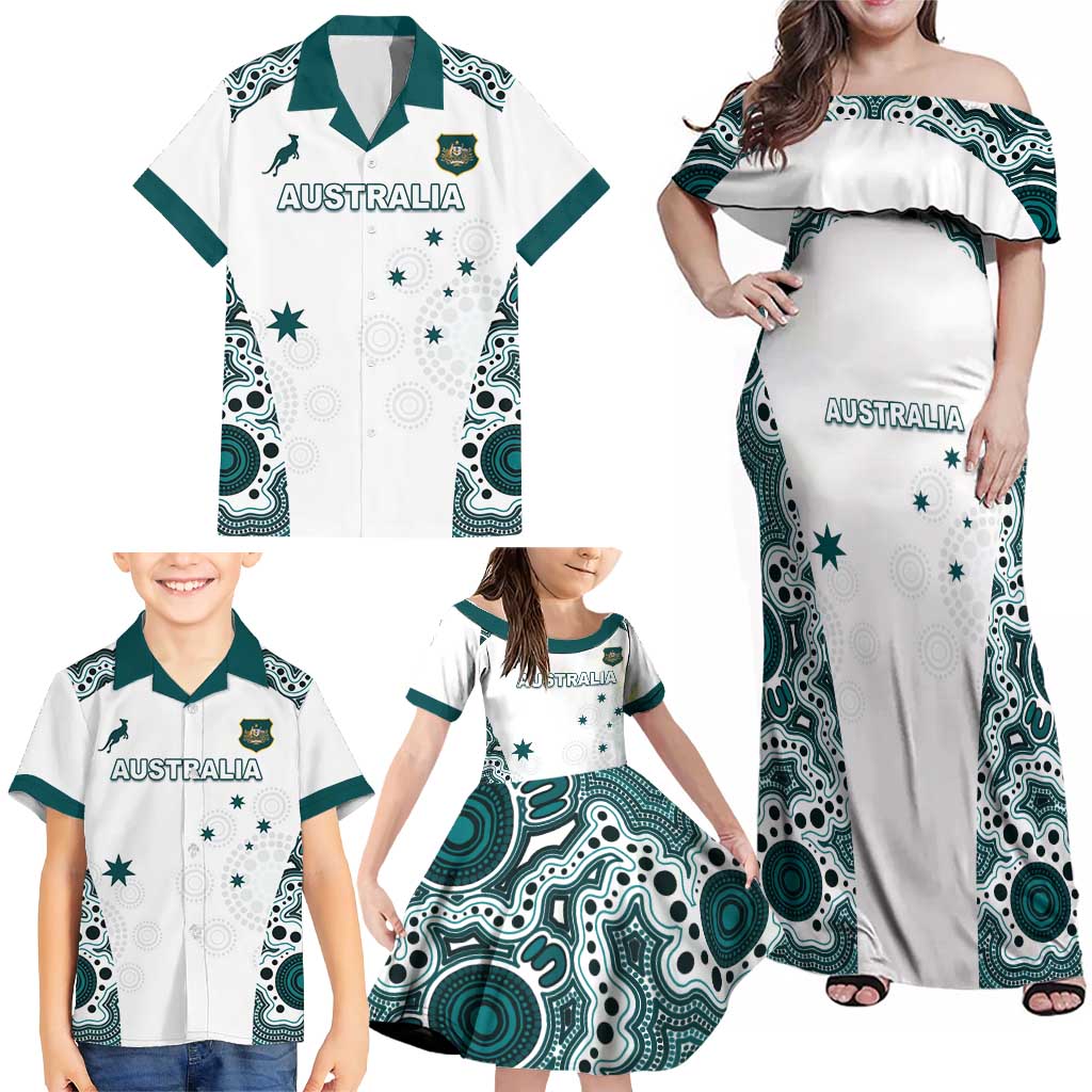 Custom Australia Rugby 2026 Family Matching Off Shoulder Maxi Dress and Hawaiian Shirt Go Wallabies Aboriginal Pattern White Version - Aussie Hoodie