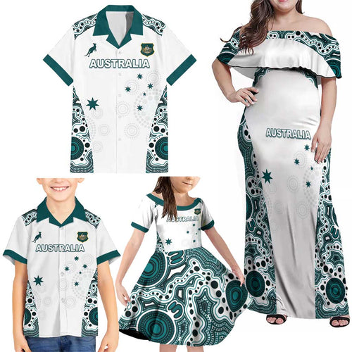 Custom Australia Rugby 2026 Family Matching Off Shoulder Maxi Dress and Hawaiian Shirt Go Wallabies Aboriginal Pattern White Version - Aussie Hoodie