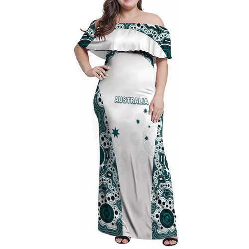 Custom Australia Rugby 2026 Family Matching Off Shoulder Maxi Dress and Hawaiian Shirt Go Wallabies Aboriginal Pattern White Version - Aussie Hoodie