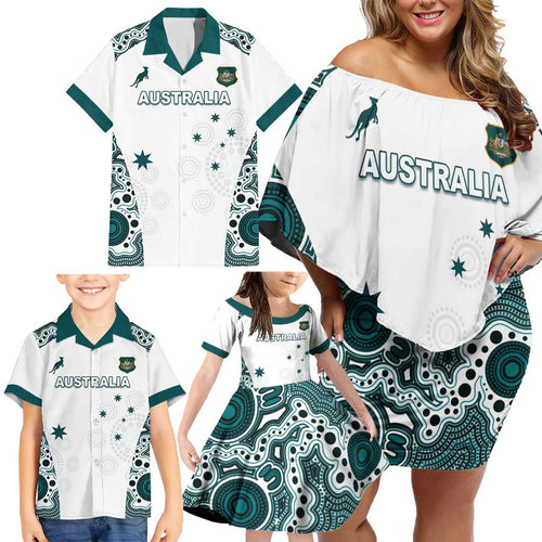 Custom Australia Rugby 2026 Family Matching Off Shoulder Short Dress and Hawaiian Shirt Go Wallabies Aboriginal Pattern White Version - Aussie Hoodie