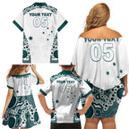 Custom Australia Rugby 2026 Family Matching Off Shoulder Short Dress and Hawaiian Shirt Go Wallabies Aboriginal Pattern White Version - Aussie Hoodie