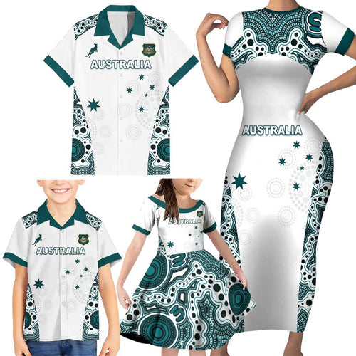 Custom Australia Rugby 2026 Family Matching Short Sleeve Bodycon Dress and Hawaiian Shirt Go Wallabies Aboriginal Pattern White Version - Aussie Hoodie