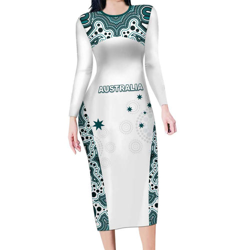Custom Australia Rugby 2026 Long Sleeve Bodycon Dress Go Wallabies Aboriginal Pattern White Version - Aussie Hoodie