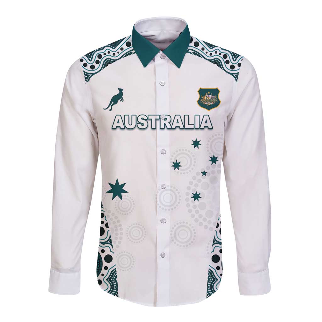 Custom Australia Rugby 2026 Long Sleeve Button Shirt Go Wallabies Aboriginal Pattern White Version - Aussie Hoodie
