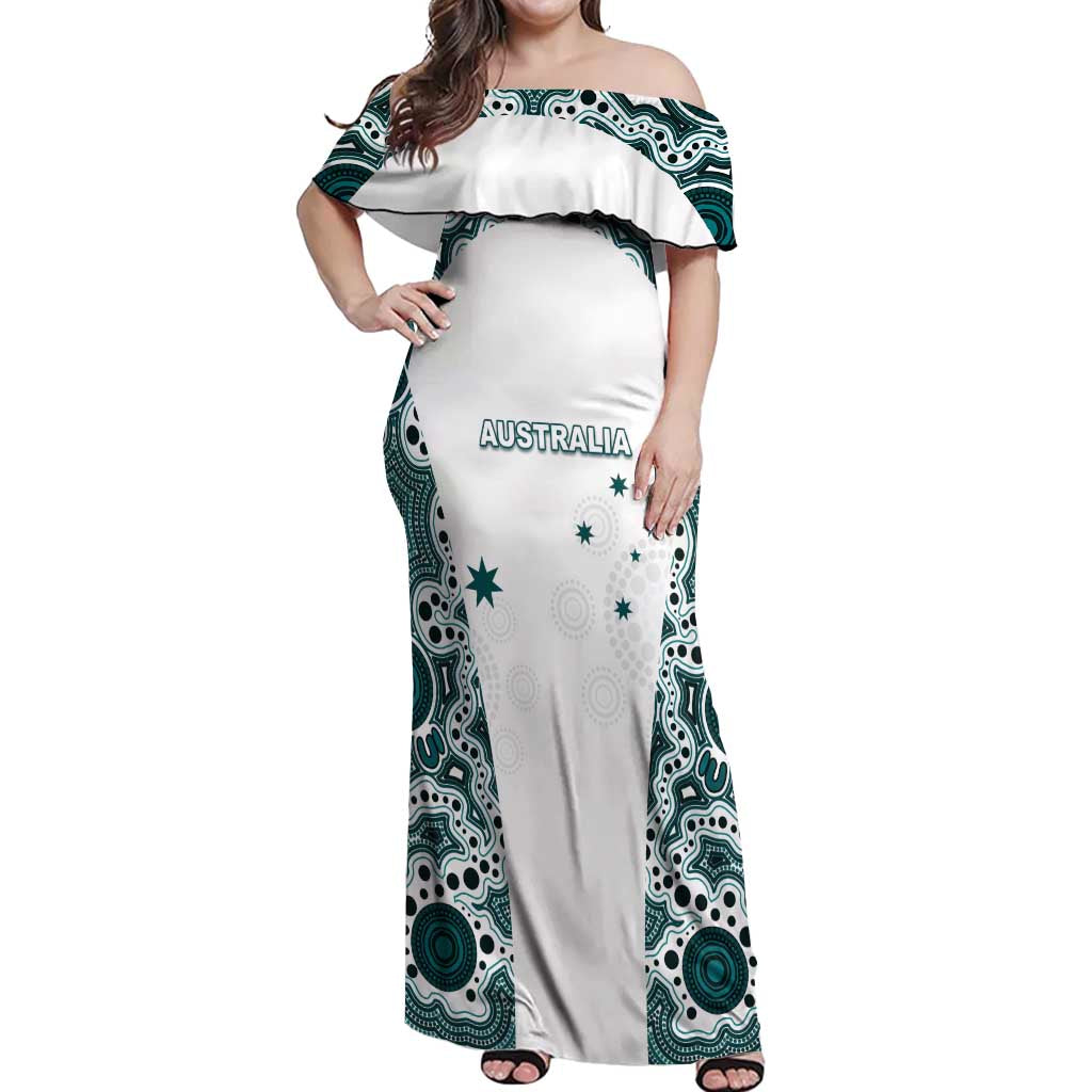 Custom Australia Rugby 2026 Off Shoulder Maxi Dress Go Wallabies Aboriginal Pattern White Version - Aussie Hoodie