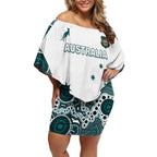 Custom Australia Rugby 2026 Off Shoulder Short Dress Go Wallabies Aboriginal Pattern White Version - Aussie Hoodie