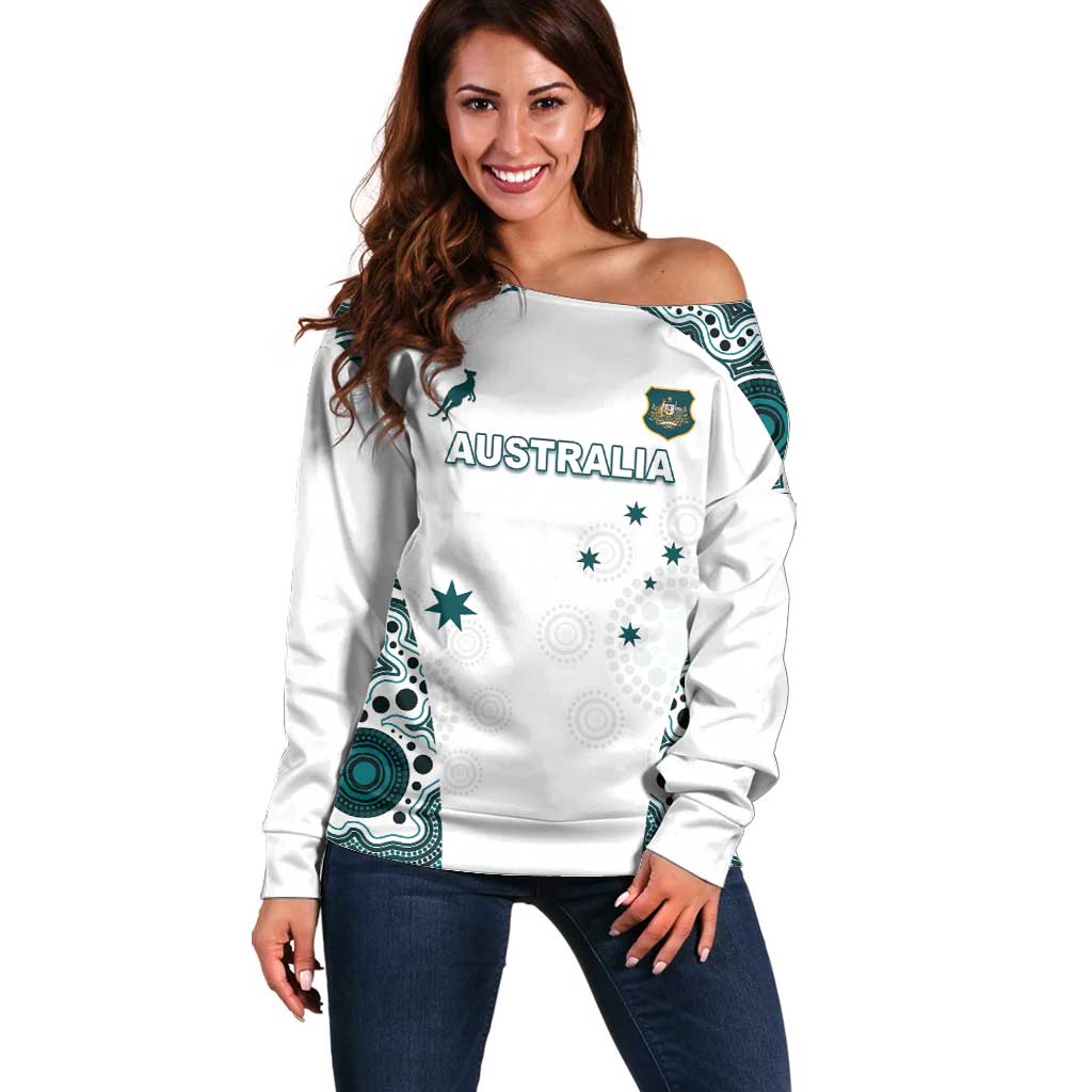 Custom Australia Rugby 2026 Off Shoulder Sweater Go Wallabies Aboriginal Pattern White Version - Aussie Hoodie