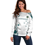 Custom Australia Rugby 2026 Off Shoulder Sweater Go Wallabies Aboriginal Pattern White Version - Aussie Hoodie