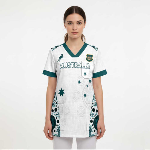 Custom Australia Rugby 2026 Scrub Top Go Wallabies Aboriginal Pattern White Version - Aussie Hoodie