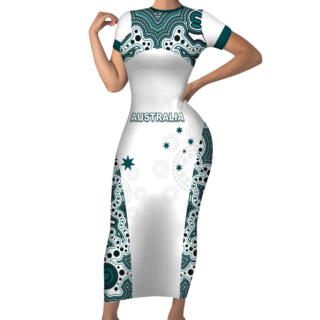 Custom Australia Rugby 2026 Short Sleeve Bodycon Dress Go Wallabies Aboriginal Pattern White Version - Aussie Hoodie