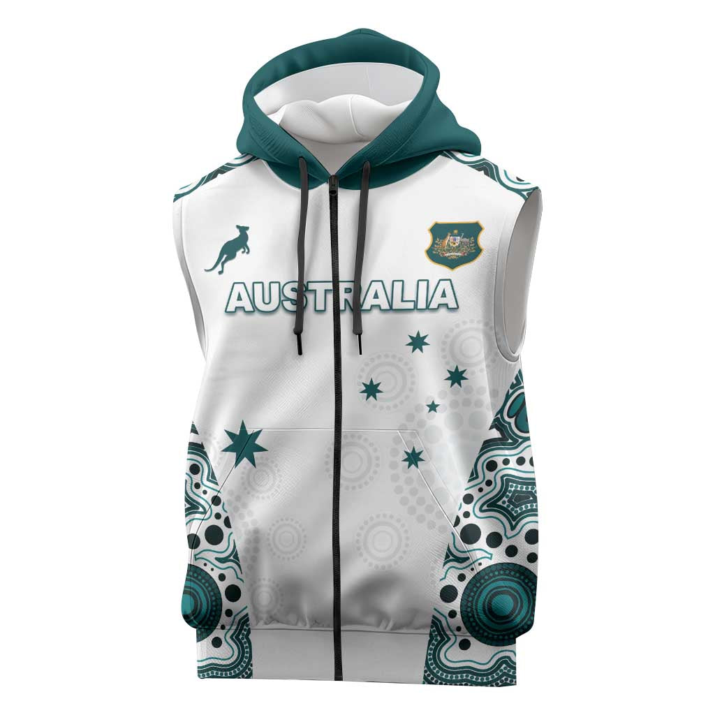 Custom Australia Rugby 2026 Sleeveless Zip Hoodie Go Wallabies Aboriginal Pattern White Version - Aussie Hoodie