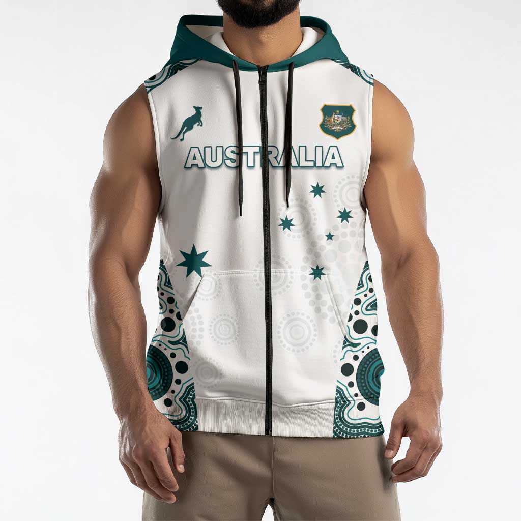 Custom Australia Rugby 2026 Sleeveless Zip Hoodie Go Wallabies Aboriginal Pattern White Version - Aussie Hoodie