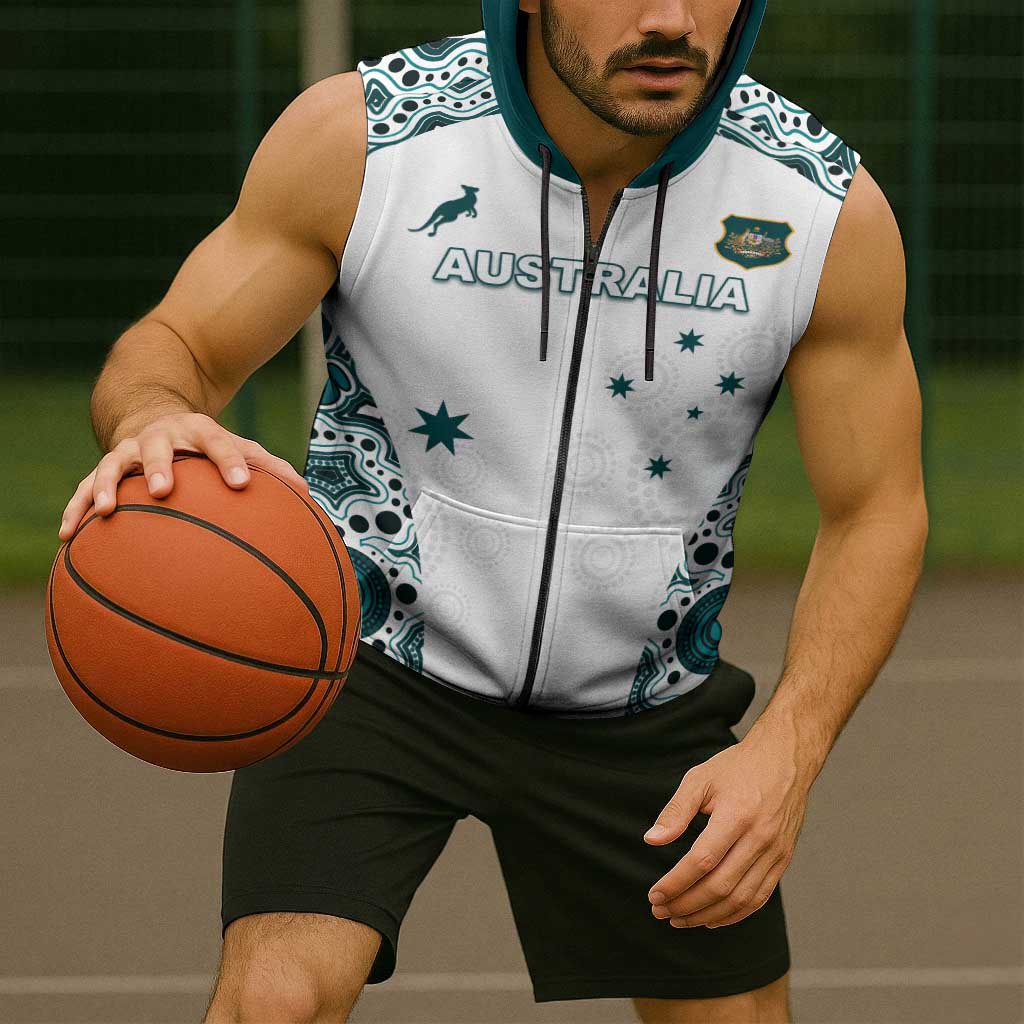 Custom Australia Rugby 2026 Sleeveless Zip Hoodie Go Wallabies Aboriginal Pattern White Version - Aussie Hoodie