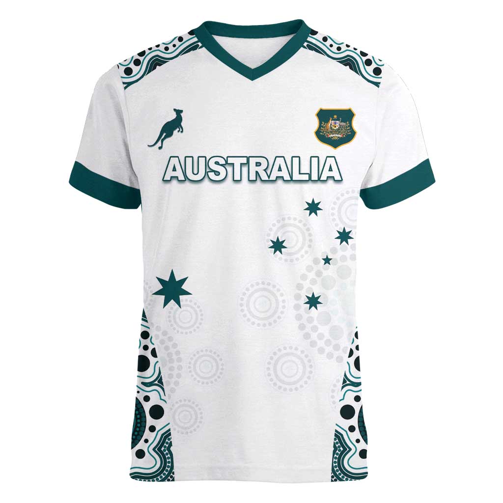 Custom Australia Rugby 2026 Women V-Neck T-Shirt Go Wallabies Aboriginal Pattern White Version - Aussie Hoodie