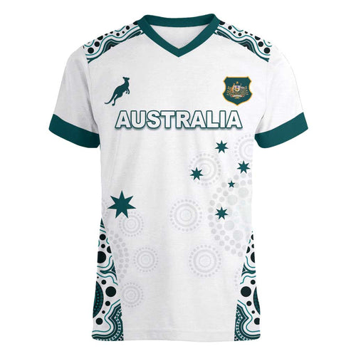 Custom Australia Rugby 2026 Women V-Neck T-Shirt Go Wallabies Aboriginal Pattern White Version - Aussie Hoodie