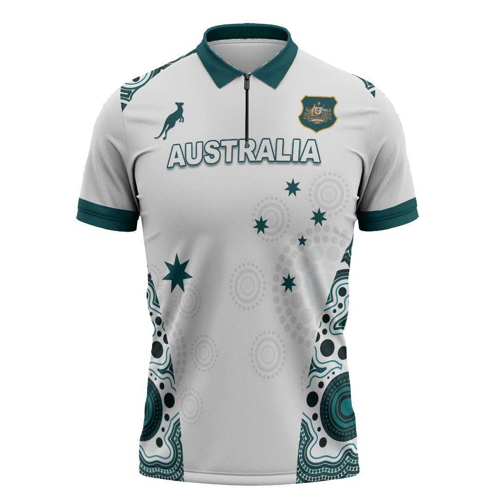 Custom Australia Rugby 2026 Zipper Polo Shirt Go Wallabies Aboriginal Pattern White Version - Aussie Hoodie