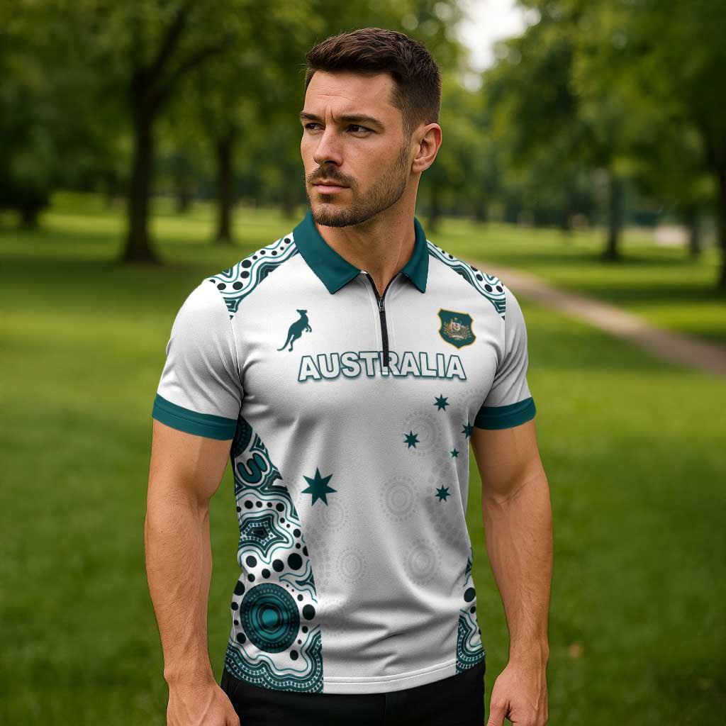 Custom Australia Rugby 2026 Zipper Polo Shirt Go Wallabies Aboriginal Pattern White Version - Aussie Hoodie