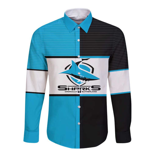 (Custom Text And Number) NRL Sharks Long Sleeve Button Shirt Mix Jersey LT6