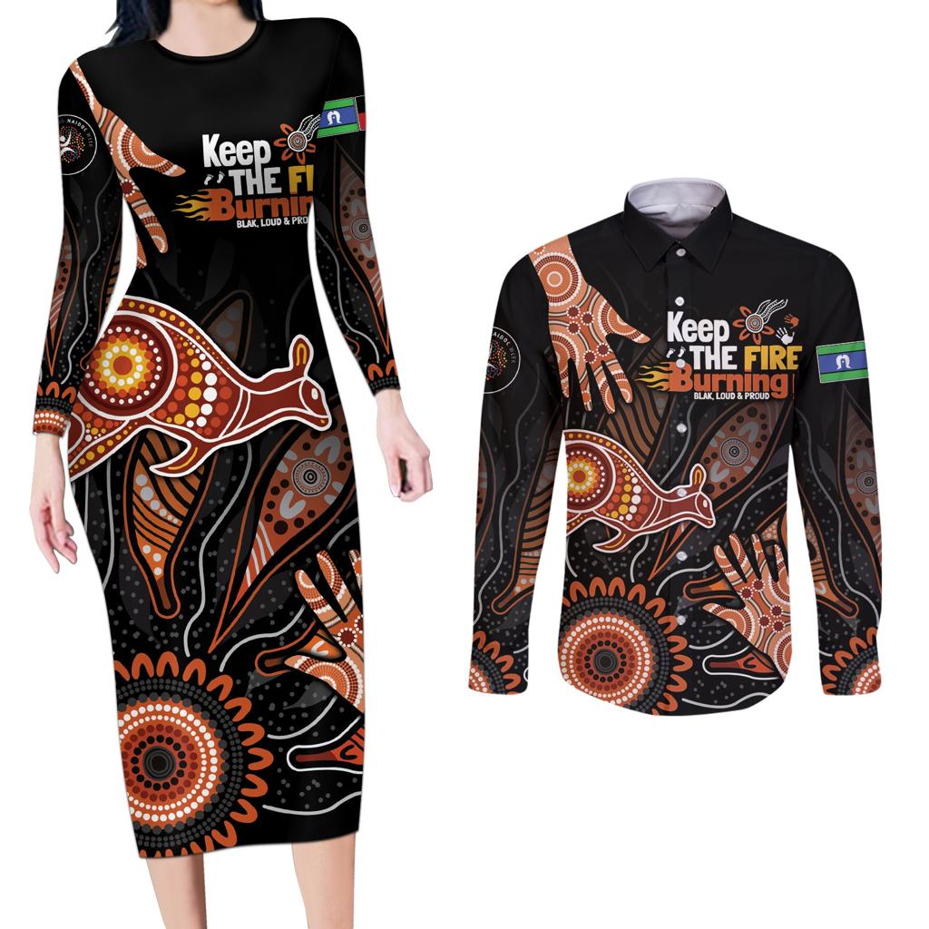 NAIDOC Week 2024 Personalised Couples Matching Long Sleeve Bodycon Dress and Long Sleeve Button Shirt Aboriginal Hand Stencils