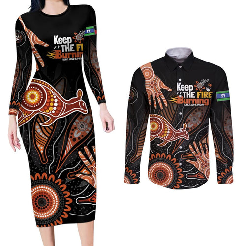 NAIDOC Week 2024 Personalised Couples Matching Long Sleeve Bodycon Dress and Long Sleeve Button Shirt Aboriginal Hand Stencils