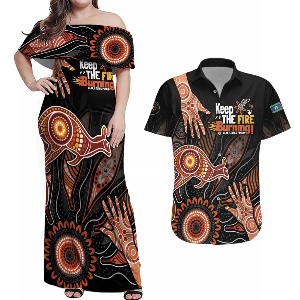NAIDOC Week 2024 Personalised Couples Matching Off Shoulder Maxi Dress and Hawaiian Shirt Aboriginal Hand Stencils