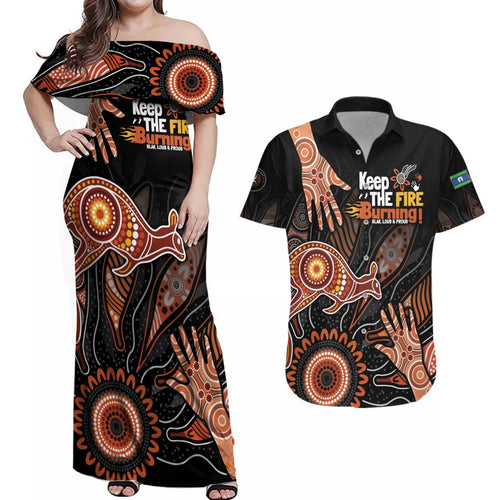 NAIDOC Week 2024 Personalised Couples Matching Off Shoulder Maxi Dress and Hawaiian Shirt Aboriginal Hand Stencils