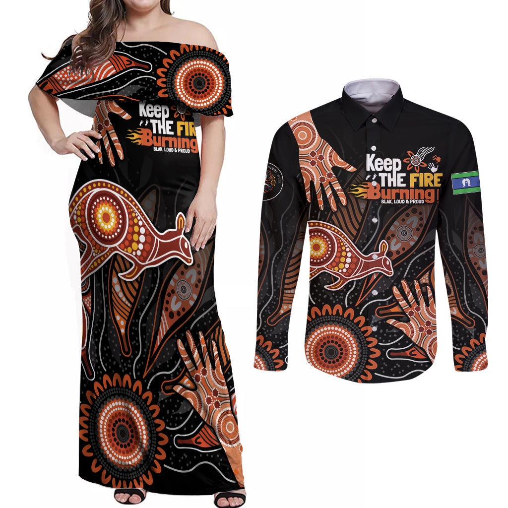 NAIDOC Week 2024 Personalised Couples Matching Off Shoulder Maxi Dress and Long Sleeve Button Shirt Aboriginal Hand Stencils