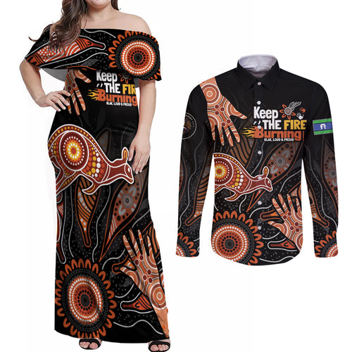 NAIDOC Week 2024 Personalised Couples Matching Off Shoulder Maxi Dress and Long Sleeve Button Shirt Aboriginal Hand Stencils
