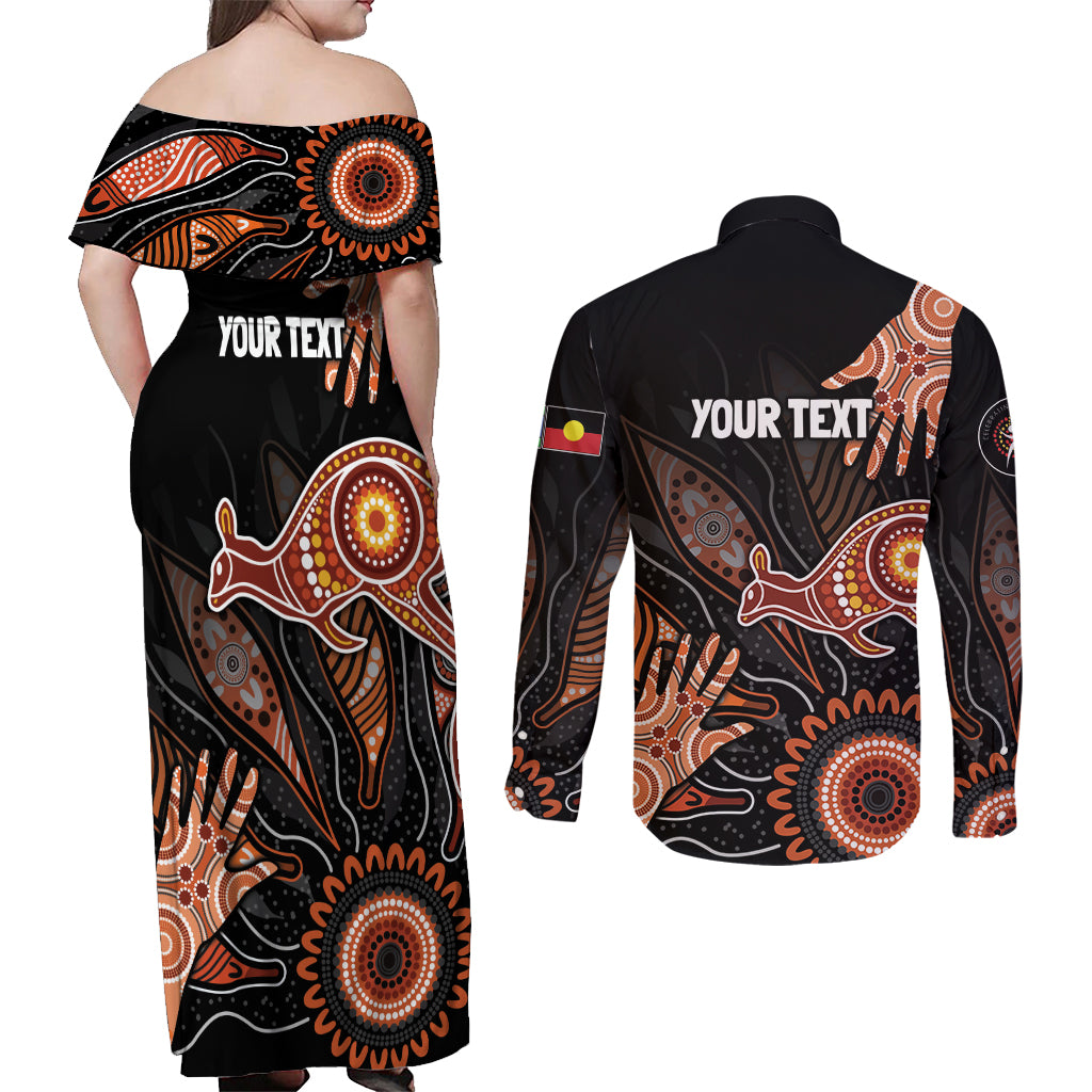 NAIDOC Week 2024 Personalised Couples Matching Off Shoulder Maxi Dress and Long Sleeve Button Shirt Aboriginal Hand Stencils