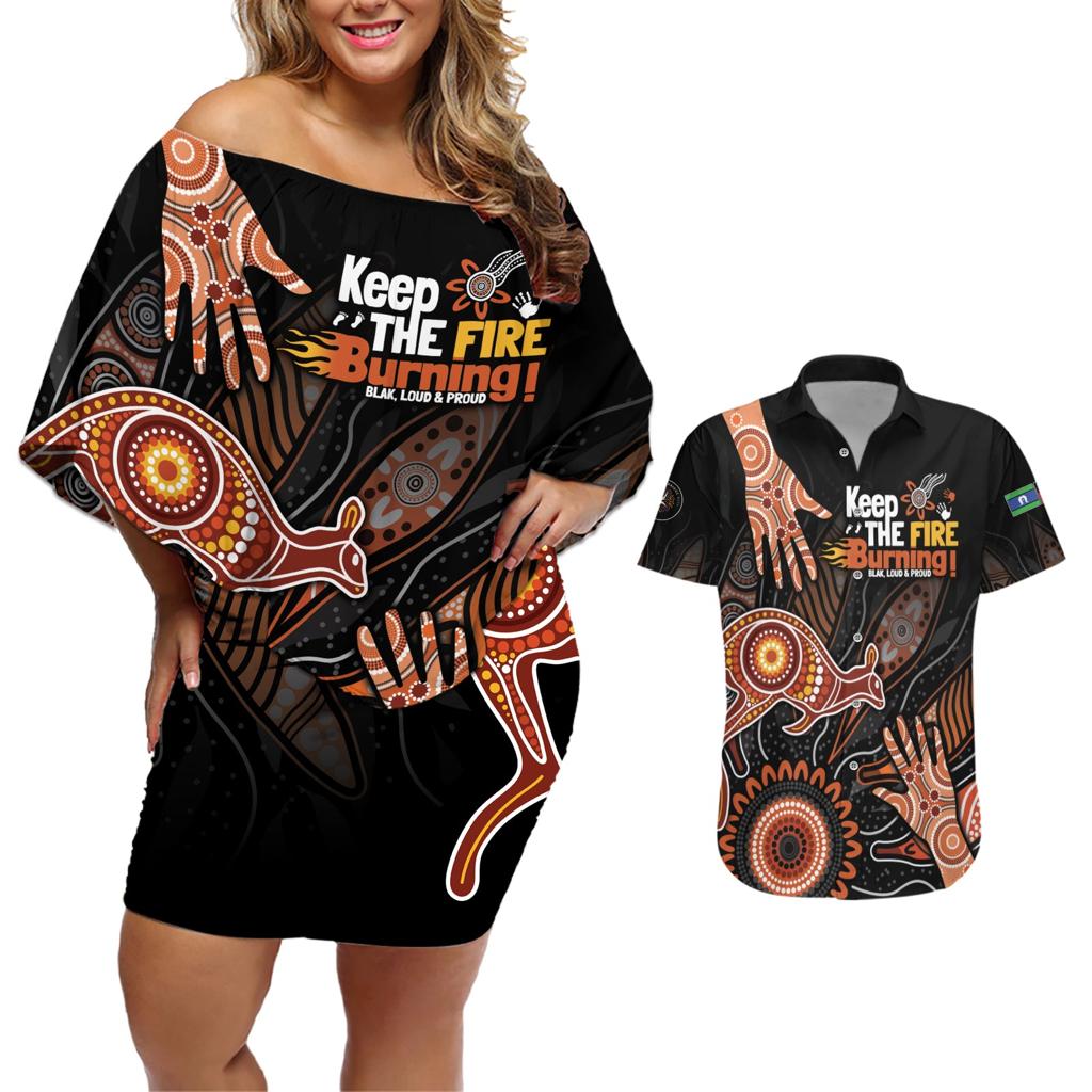 NAIDOC Week 2024 Personalised Couples Matching Off Shoulder Short Dress and Hawaiian Shirt Aboriginal Hand Stencils
