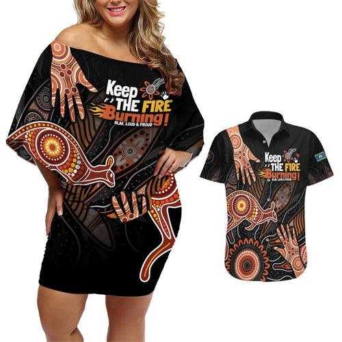 NAIDOC Week 2024 Personalised Couples Matching Off Shoulder Short Dress and Hawaiian Shirt Aboriginal Hand Stencils