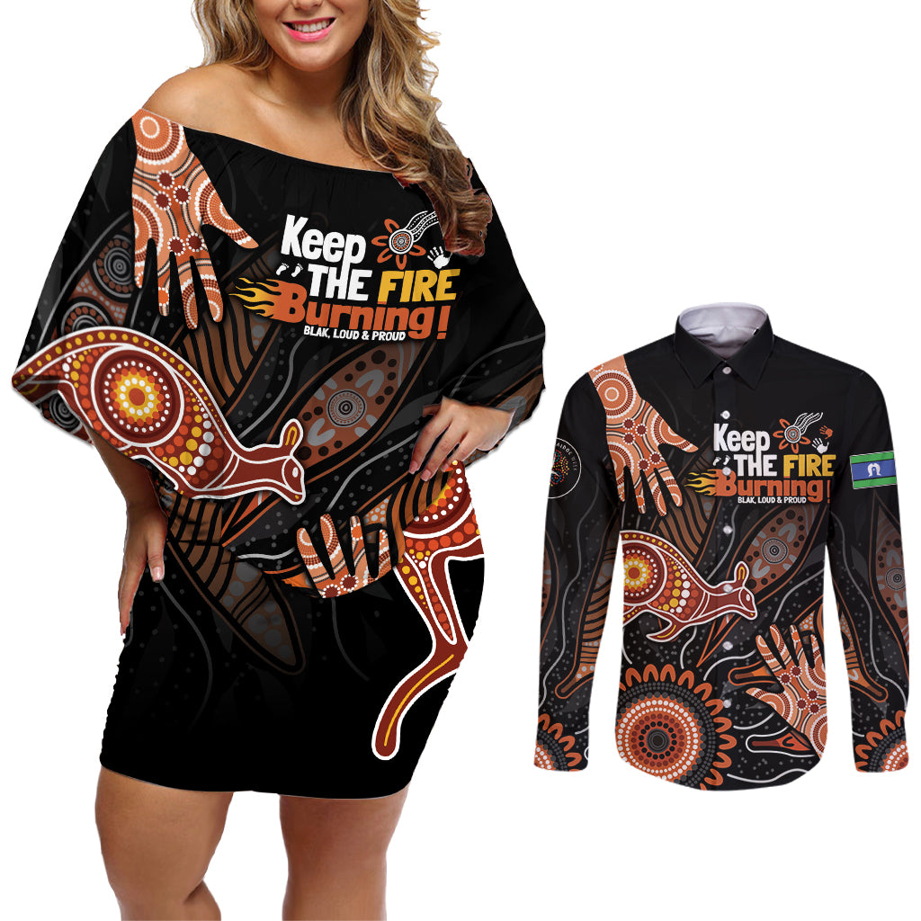 NAIDOC Week 2024 Personalised Couples Matching Off Shoulder Short Dress and Long Sleeve Button Shirt Aboriginal Hand Stencils