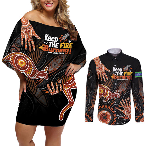 NAIDOC Week 2024 Personalised Couples Matching Off Shoulder Short Dress and Long Sleeve Button Shirt Aboriginal Hand Stencils