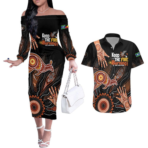 NAIDOC Week 2024 Personalised Couples Matching Off The Shoulder Long Sleeve Dress and Hawaiian Shirt Aboriginal Hand Stencils