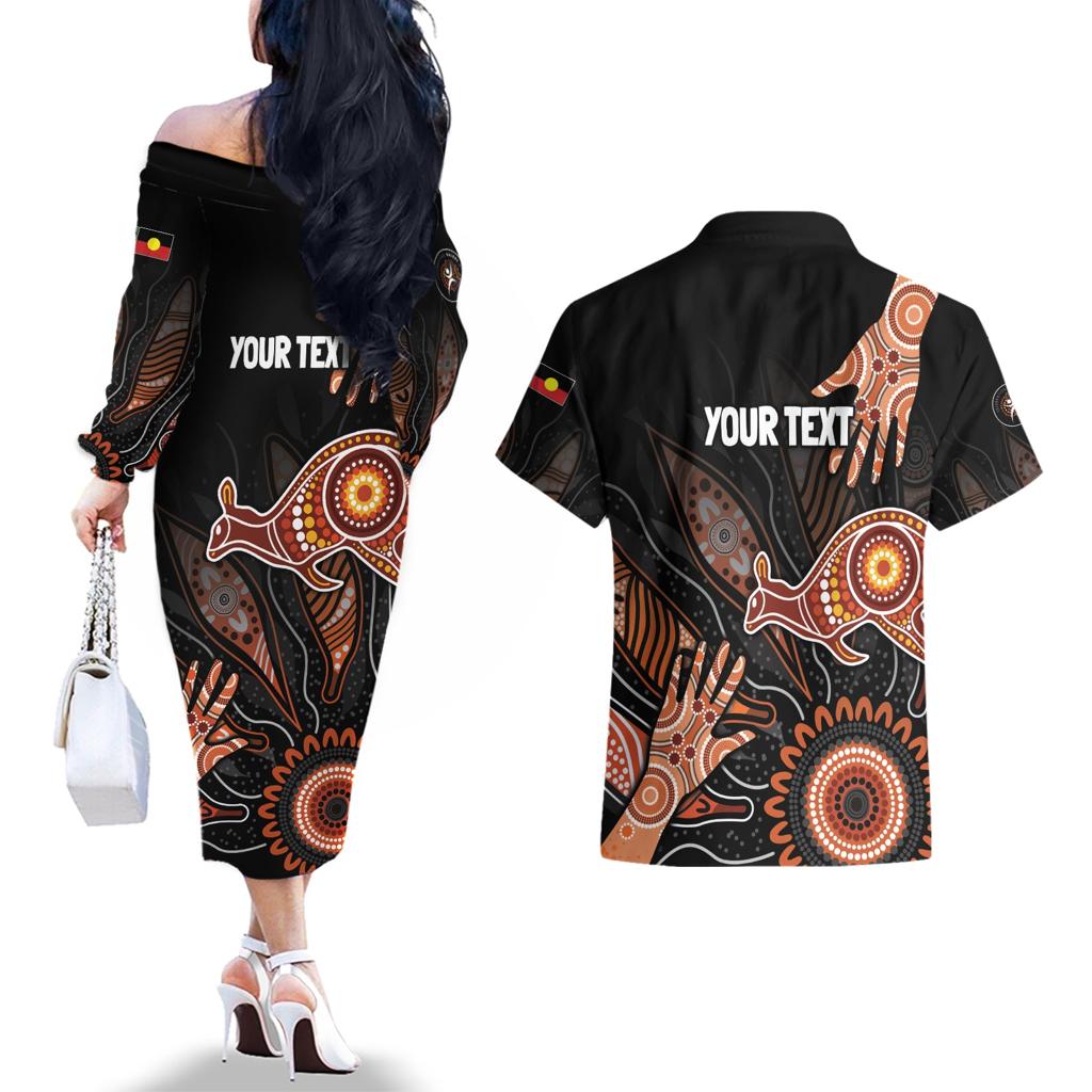 NAIDOC Week 2024 Personalised Couples Matching Off The Shoulder Long Sleeve Dress and Hawaiian Shirt Aboriginal Hand Stencils