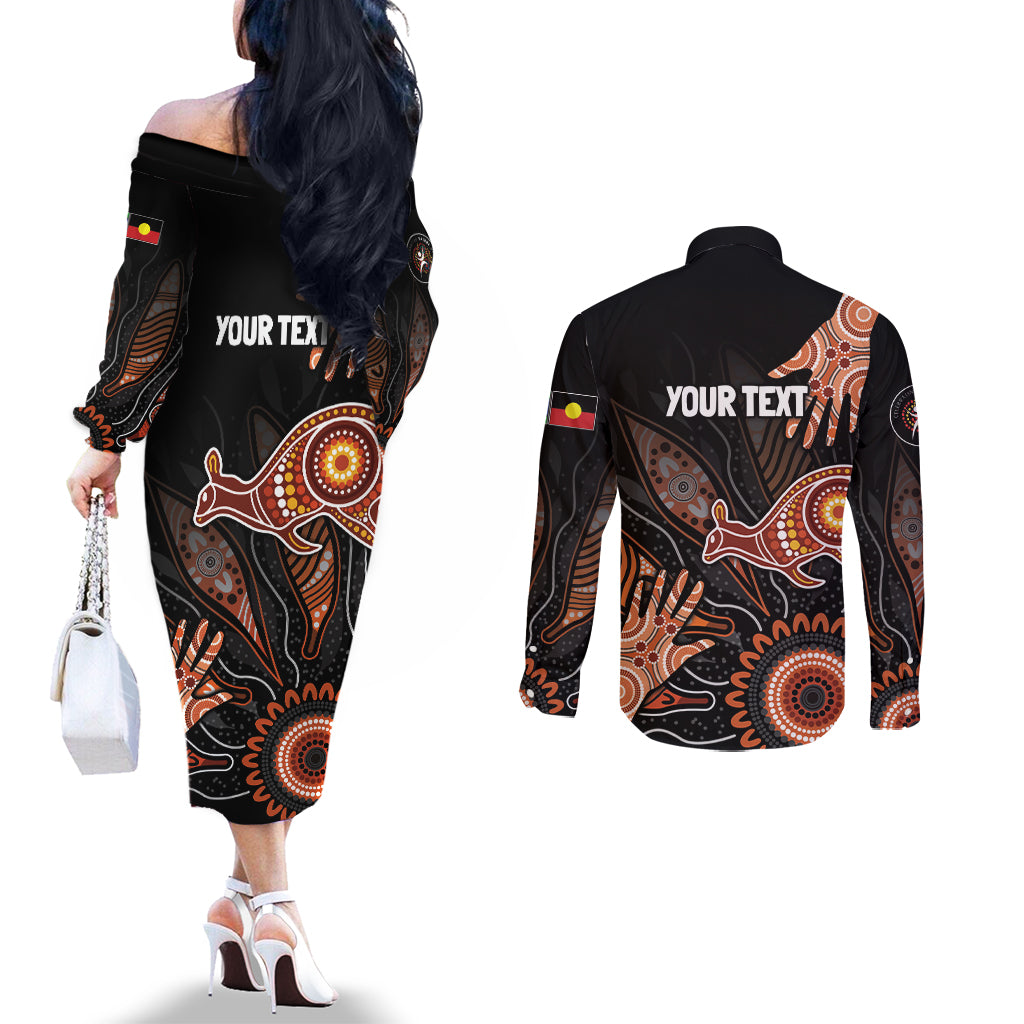 NAIDOC Week 2024 Personalised Couples Matching Off The Shoulder Long Sleeve Dress and Long Sleeve Button Shirt Aboriginal Hand Stencils