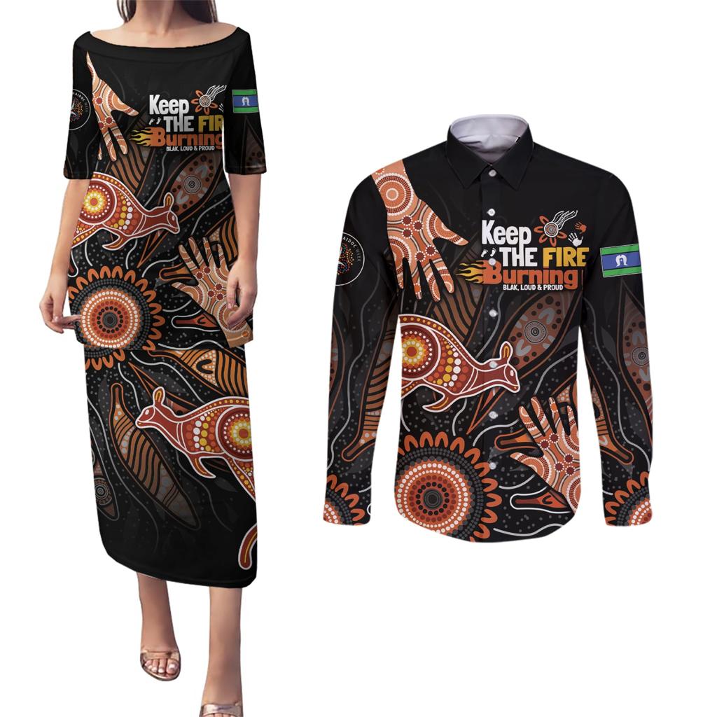 NAIDOC Week 2024 Personalised Couples Matching Puletasi and Long Sleeve Button Shirt Aboriginal Hand Stencils