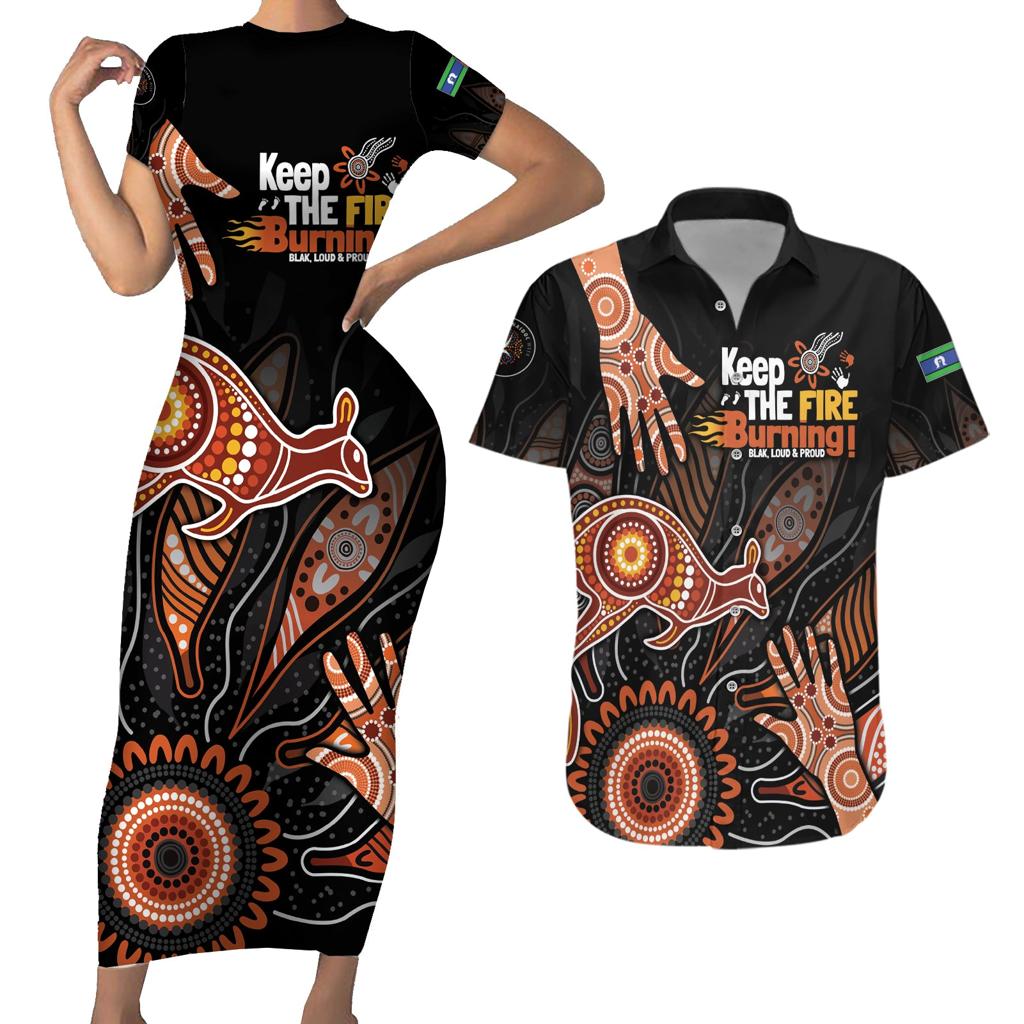 NAIDOC Week 2024 Personalised Couples Matching Short Sleeve Bodycon Dress and Hawaiian Shirt Aboriginal Hand Stencils